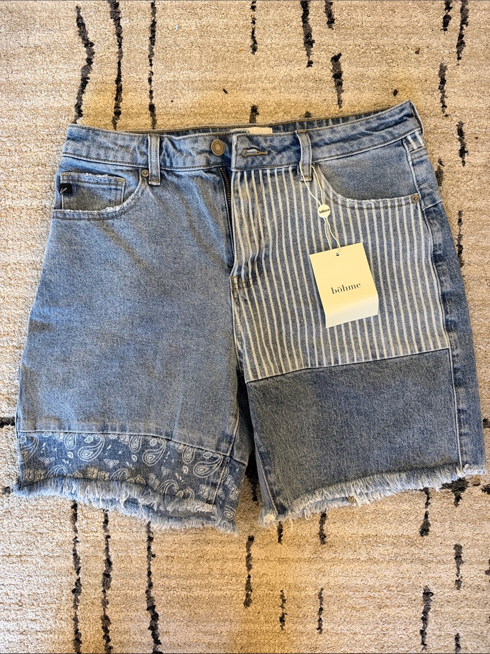 bohme Patchwork Mixed-Panel Denim Shorts in Blue